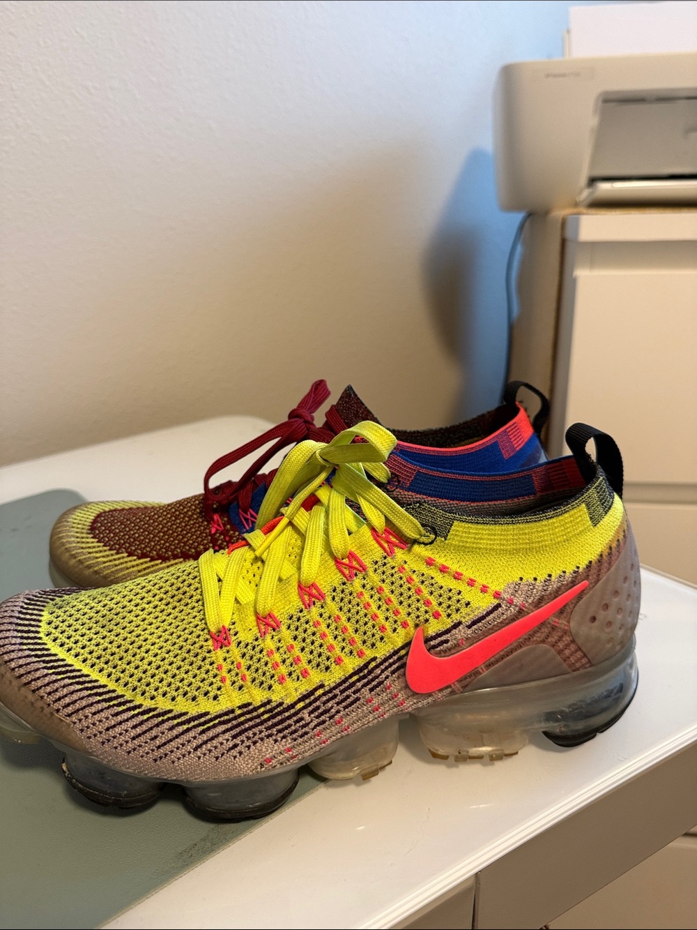 Nike Women VaporMax' Multicolor Flyknit Athletic Shoes - Yellow/Pink